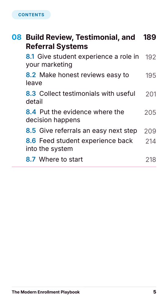 Playbook table of contents, page 5